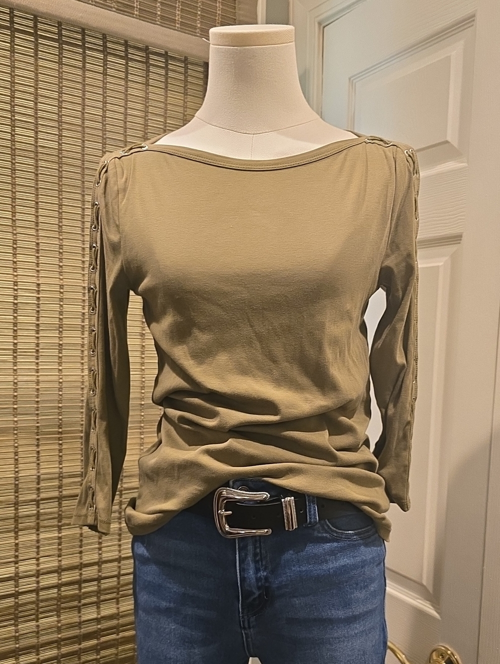 Ralph Lauren Olive Green Long-Sleeve Boatneck Top with Grommet Detail